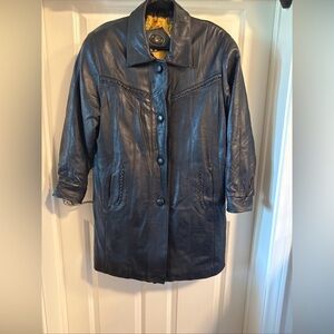 Vintage, long, black, detailed, leather jacket, medium